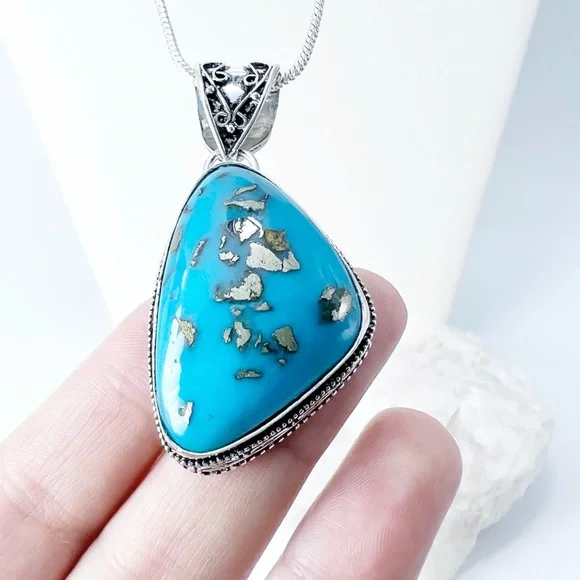 PERSIAN Turquoise Chunky Asymmetrical Gemstone Pendant Necklace Silver 925 New - Picture 1 of 11